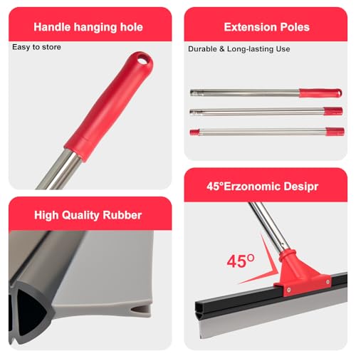 17" Heavy Duty Floor Squeegee with 40.8 Inch Long Handle, Suitable for Bathroom Tiles, Garage Concrete Floors, Shower Glass & Windows Cleaning