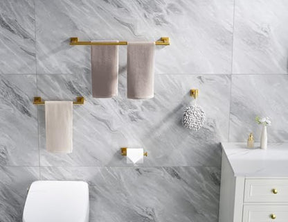Miyili 4-Pieces Gold Bathroom Accessories Set Bath Hardware Kit - Includes Double Towel Bar, Hand Towel Rack, Toilet Paper Holder, Robe Hook, BS02G4A - color: Gold