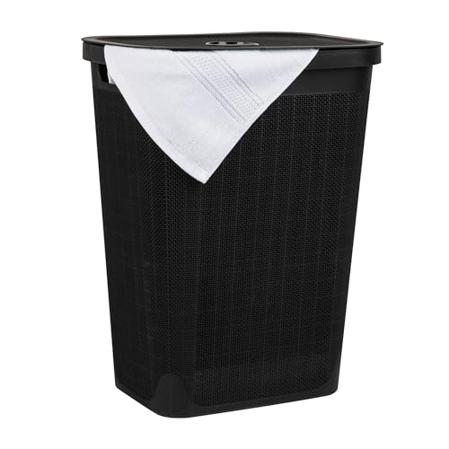 Mind Reader 60L Slim Laundry Hamper, Clothes Basket, Lid, Linen Design, Plastic, Black - color: Black