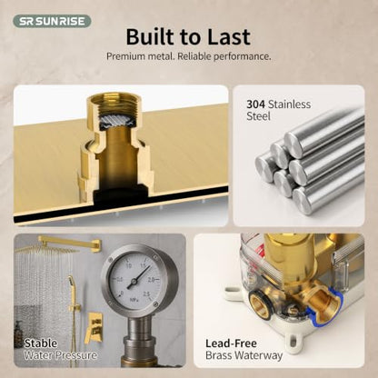 SR SUN RISE 12 Inches Bathroom Luxury Rain Mixer Shower Combo Set Wall Mounted Rainfall Shower Head System Brushed Nickel Finish Shower Faucet Rough-In (12 Inch, Brushed Gold) - color: Brushed Gold, size: 12 Inch
