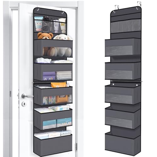 Over The Door Organizer Storage behind Door Hanging Organizer for Nursery | 6 Tier, Detachable, Clear Window, Sturdy Construction, Space-Saving Storage for Closet, Bedroom, Bathroom & Nursery - color: Dark Grey, size: 6-Tier