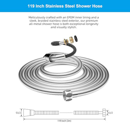 Hibbent All Metal Shower Hose, 119 Inch Stainless Steel Extra Long Shower Hose Replacement, Brass Insert & Nut, Anti-Twist Handheld Shower Head Hose Extension, Flexible Shower Hose Attachment, Chrome - color: Chrome, size: 119 Inch