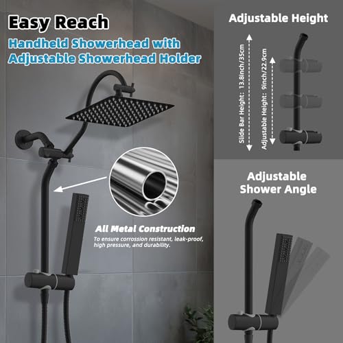 Hibbent 10'' Rainfall Shower Head with 4-mode Handheld Spray, Matte Black | cUPC Certified High Pressure Showerhead Combo, 12'' Adjustable Extension Arm, Extension Bar, Easy Reach Holder, 71'' Hose - color: Matte Black, style: Square 10''