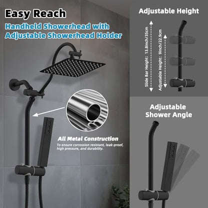 Hibbent 10'' Rainfall Shower Head with 4-mode Handheld Spray, Matte Black | cUPC Certified High Pressure Showerhead Combo, 12'' Adjustable Extension Arm, Extension Bar, Easy Reach Holder, 71'' Hose - color: Matte Black, style: Square 10''