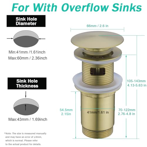 All Metal Bathroom Sink Drain,Pop-up Drain with Detachable Basket Stopper,Anti-Clogging Drain Strainer,Hair Catcher,for Vanity Vessel Sink with Overflow,Brushed Gold,SE83997PB-1BG - color: Brushed Gold(with Overflow)