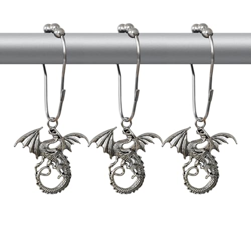 Dragon Shower Curtain Hooks Decorative Rings for Bathroom Cool Kids Bath Decor Rust-Resistant Stainless Steel Curtain Rings Pack of 12 (Silver) - size: Dragon