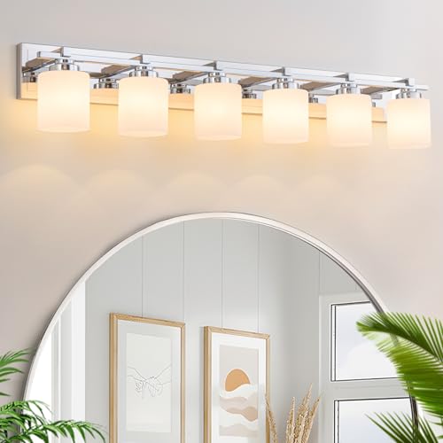 Modern Bathroom Light Fixtures Over Mirror, Vanity Lights for Bathroom Wall Sconces with Milky White Glass Shades, E26 Socket (Bulbs Not Included), 6 Light, Chrome - color: Chrome - Milky White Glass Shades, size: 6-Lights