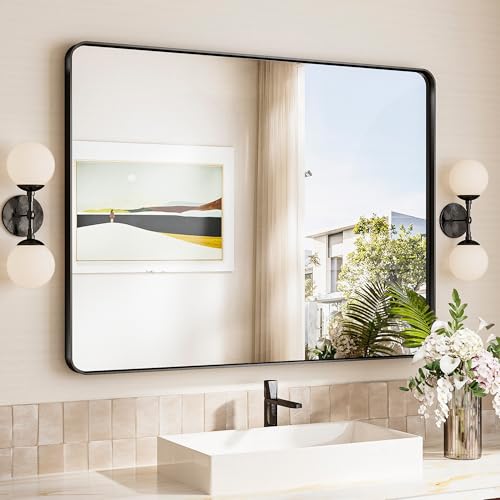 Black Bathroom Mirror,40x30 Large Bathroom Mirror Rectangle,Aluminum Vanity Mirror Bathroom Wall with Tempered Glass,Modern Matte Black Mirror Framed Seamless(Horizontal/Vertical) - color: Matte Black, size: 30"L x 40"W