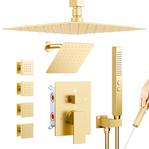 Brushed Gold Shower System with Body Jets, Bostingner 4 Way Shower Faucet Set with 2 in1 Handheld,Ceiling Mount 12 Inch Shower Head with 6 Inch Shower Head,4Pcs Body Jets With Dual Head Shower Set - color: Gold, size: 6+12 inch-01