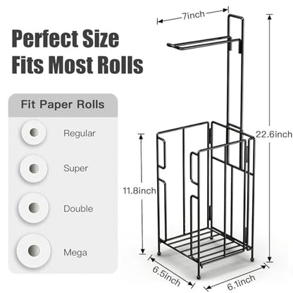 Toilet Paper Holder Stand with Storage, Free Standing Paper Roll Dispenser for 4 Mega Rolls, Space-Saving Bathroom Organizer, Easy Assembly & Stable