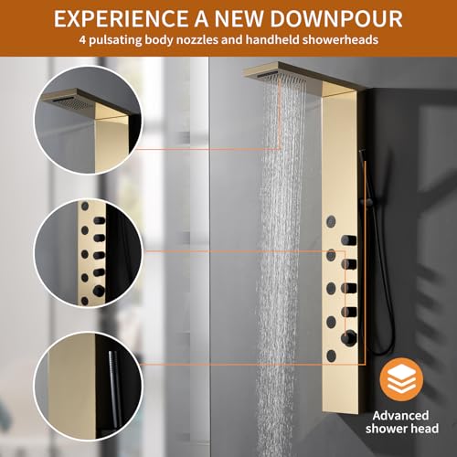 Brushed Gold Stainless Steel Rainfall Shower Panel, Wall Mount Shower Tower, 5 High Pressure Body Jets, Gold - color: Gold
