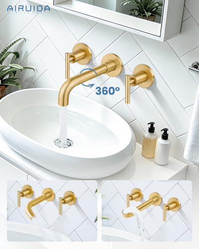 Airuida Wall Mounted Bathroom Sink Faucet,Brushed Gold Vanity Sink Faucet | Lever Handle,3 Holes,360° Widespread Swivel Spout,Rotatable Bathroom Faucet - color: Brushed Gold