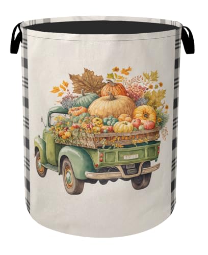 Fall Pumpkin Truck Large Clothes Hamper Bag - Laundry Basket with Handles, Space Saving Foldable Design for Nursery - color: Fall Pumpkin Truck