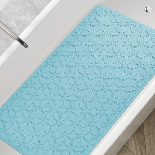 Non-Slip Rubber Bathtub Mat with Suction Cups, 17 × 35 Inch (Blue) | 100% Rubber, Leaf Texture. Vacuum Suction Cups. Soft on Touch. BPA/PVC-Free. Machine Wash. Safe For Bath, Shower, Pet Dogs. - color: Blue, size: 35" x 17" (Rectangular)