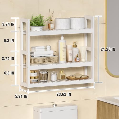 Domax Bathroom Shelves Over Toilet Storage - 3 Tier Wall Mounted Bamboo Bathroom Shelf Organizer Multifunctional Adjustable Layer Free Standing Utility Shelves for Bathroom Living Room Kitchen, White - color: White