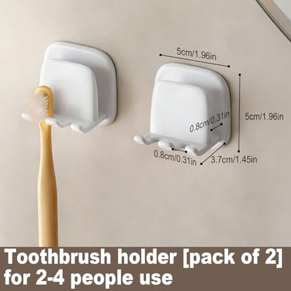 2PCS Wall Mounted Toothbrush Holder, Adhesive 2-Slot Toothbrush Organizer with Cup Hook No-Drill Bathroom Organizer for Toothbrushes, Mouthwash Cup - Self-Sticky Seamless Storage Rack (White)