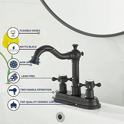 Bathroom Faucet Matte Black 2 Handles 4 Inches Centerset Black Bathroom Vanity with Drain Assembly and Supply Hose Lavatory Faucet - color: Black, style: Ceramic Cover