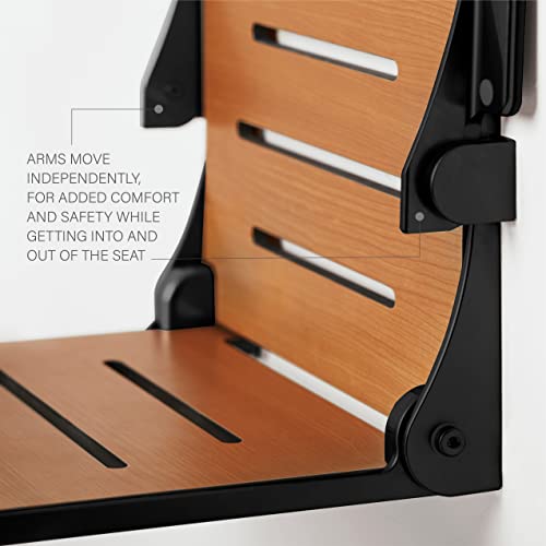 Seachrome Silhouette Comfort Folding Wall Mount Shower Bench Seat with Arms, Teak Seat with Matte Black Frame - color: Teak Seat With Matte Black Frame and Black Arm Pads