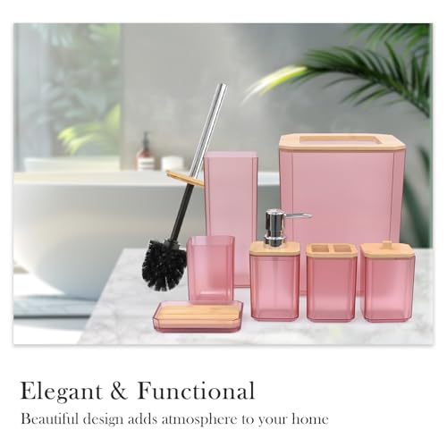 CERBIOR Bamboo Bathroom Accessories Set 7 Piece Bath Ensemble,Pink | Includes Soap Dispenser, Toothbrush Holder, Toothbrush Cup, Soap Dish for Decorative Countertop and Housewarming Gift - style: Pink