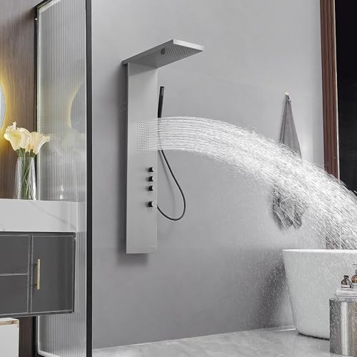 Shower Panel Tower System, Brushed Nickel | Stainless Steel, Multifunction Shower Tower System, Bathroom Rainfall Shower Head Hand Shower and Large Area Body Spray - color: Brushed Nickel, style: 3 IN 1 Shower Panel