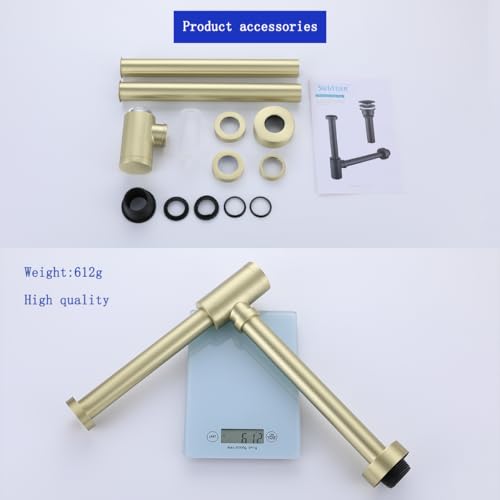 Bottle P Trap Brushed Gold 1 1/4 with 11.81 inch Slip Joint Extension Tube For Basin Sink Waste Drain Solid Brass P Trap Kit,SW-83888BG-L. - color: T03-Brushed Gold