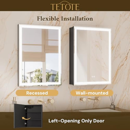 TETOTE 20 x 26 Lighted Bathroom Medicine Cabinet with Adjustable Shelves, Black Aluminum Cabinet, Anti-Fog Stepless Dimmable 3 Colors White/Warm/Natural, Easy to Install(Wall Mount/Recessed) - color: Black, size: 26"L x 20"W