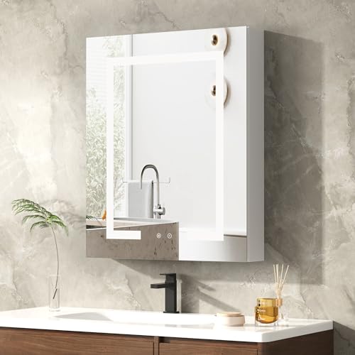 LED Medicine Cabinet with Mirror for Bathroom, Assembly-Free Lighted Medicine Cabinet, Defog, Stepless Dimming, 3 Colors, 2 Outlets, 2USB, Aluminum Wall Mounted Mirrored Cabinets, 24”Wx30“H - size: 24''W x 30''H Single Door