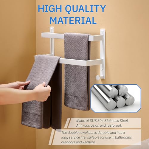 16 Inch Double Towel Bar for Bathroom with Hooks SUS 304 Stainless Steel Bath Towel Rack Wall Mounted White Finished - color: White, size: 16-Inch
