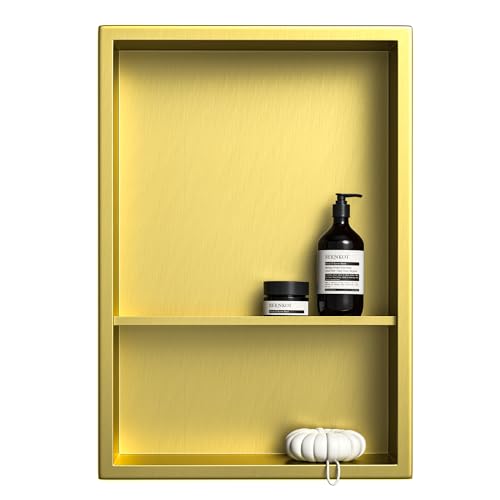 Stainless Steel Shower Niche 18" X 12" Gold No Tile Needed Vertical Niche Shower with Two- Tier Shelves Recessed Wall Niches for Bathroom Storage Over Mount Installation - color: Gold, size: 18"x 12"
