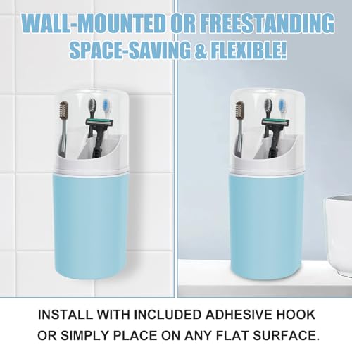 Tall Electric Toothbrush Holder with Cover, 10.6" Dust Proof Bathroom Caddy Fits Adults Electric Toothbrushes, Toothpaste, Wall Mount or Countertop Organizer with Removable Dividers, 4 Slots (Blue)