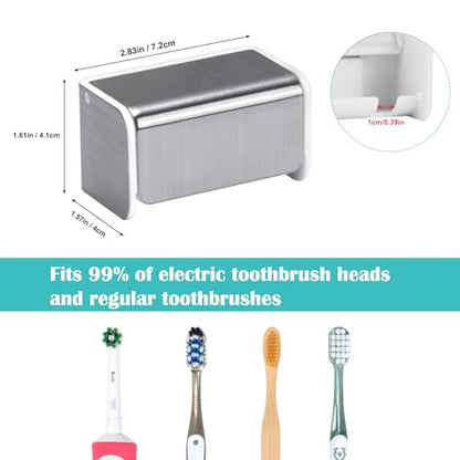 2 PCS Toothbrush Holders Wall Mounted with Cover (2, Brushed Silver) | Wall mounted, Detachable, Easy to clean, Breathable, 2 Slots Self Adhesive Toothbrush Organizer for Bathroom - color: Brushed Silver