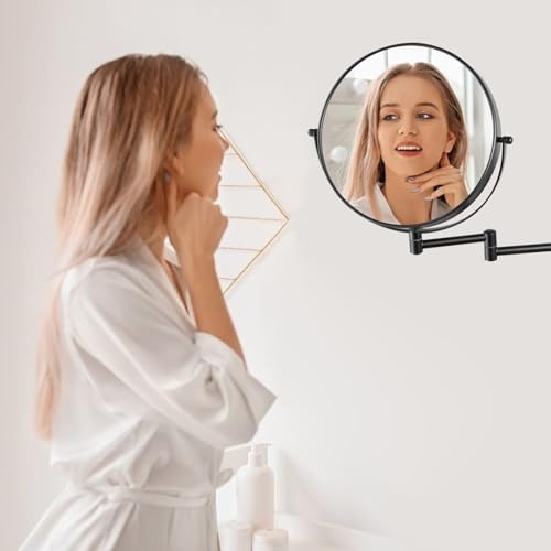 9 Inch Wall Mounted Makeup Vanity Mirror - Double Sided 1X/10X Magnifying Bathroom Mirror,360° Swivel Extendable Bathroom Mirror for Shaving (Black)
