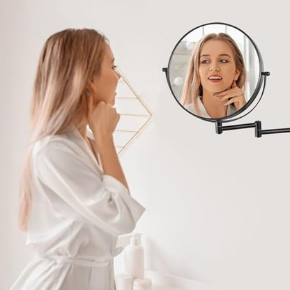 9 Inch Wall Mounted Makeup Vanity Mirror - Double Sided 1X/10X Magnifying Bathroom Mirror,360° Swivel Extendable Bathroom Mirror for Shaving (Black)