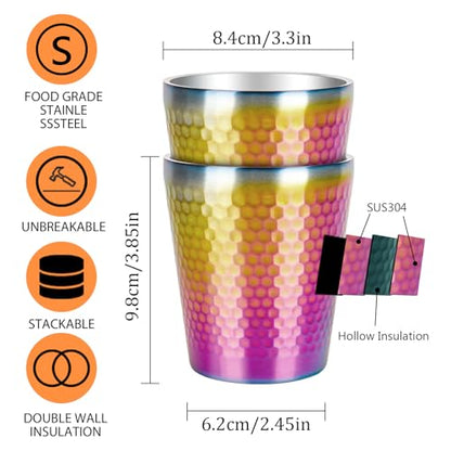 Stainless Steel Cups 2 Packs 10oz/300ml Stackable Double Wall Insulated Metal Shatterproof Cups Titanium-Plated Diamond Textured Surface Heat Resistant Dishwasher Safe (Rainbow) - color: Rainbow - 2 Packs