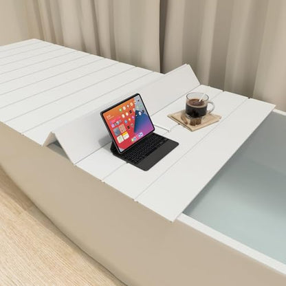 Foldable Bathtub Cover 62.99"x31.50", PVC Dust-Proof Insulation Tray with 11lb Load | Bath Board for Laptop & Wine, White Wood Grain, Fits Most Standard Tubs