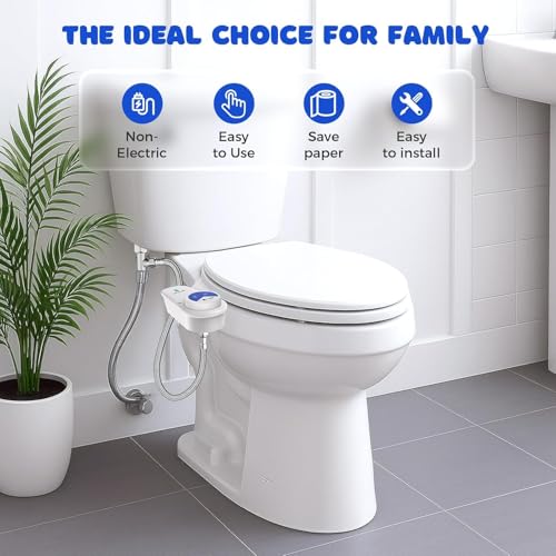 Bidet Attachment for Toilet Seat, Non-Electric Cold Water Bidet with Pressure Controls, Dual Nozzles for Frontal & Rear Wash, Retractable Self-Cleaning for Female & Old- White