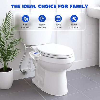 Bidet Attachment for Toilet Seat, Non-Electric Cold Water Bidet with Pressure Controls, Dual Nozzles for Frontal & Rear Wash, Retractable Self-Cleaning for Female & Old- White