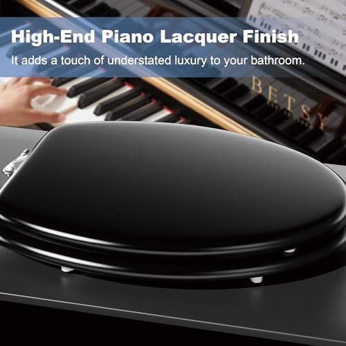 Deewow Black Elongated Wood Toilet Seat, Heavy Duty Toilet Seat with Baked Enamel Finish Support 400 lbs, Oval Wooden Toilet Lid with Chrome Hinges, Grip-Tight Bumpers - Easy to Clean, Quick Assembly - color: Black, size: Elongated Non-Slow Close