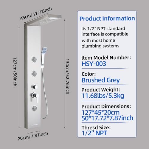 6 in1 Multi-Function Shower Panel Tower System-Brushed Gray | 304 stainless steel Shower Panel Column Tower with Powerful Body Massage, Rainfall, Waterfall,Handheld and Tub Spout - color: Brushed Gray, style: HSY-003