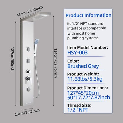 6 in1 Multi-Function Shower Panel Tower System-Brushed Gray | 304 stainless steel Shower Panel Column Tower with Powerful Body Massage, Rainfall, Waterfall,Handheld and Tub Spout - color: Brushed Gray, style: HSY-003
