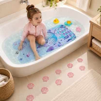 Cinrobiye Bath Mat for Tub Non Slip, 40 x 16 Inch Mermaid Cartoon Bathtub Shower Mat with Suction Cups and Drain Holes, Waterproof Machine Washable Bathroom Mat - color: Pink