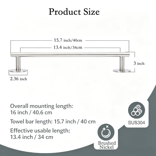 Self Adhesive Towel Bar,16" Brushed Nickel No Drill Bathroom,304SS Towel Rack - color: Brushed Nickel, size: 15.7 Inch