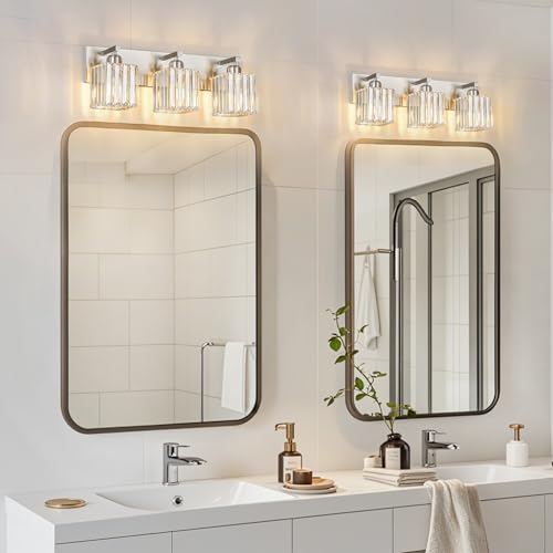 Modern Vanity Light 3-Lights Brushed Nickel Vanity Light Crystal Bathroom Wall Light Bathroom Light Fixtures - color: Nickel Straight, size: 3-light