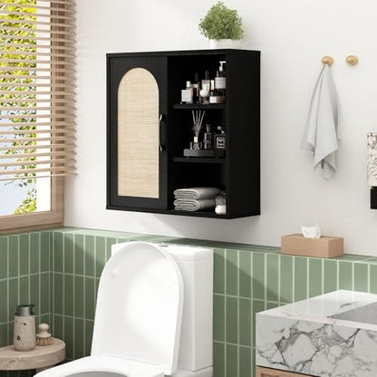 RUSTOWN Boho Rattan Bathroom Wall Cabinet with Sliding Door, Black | Farmhouse Bathroom Cabinet, Adjustable Shelves, Over The Toilet Storage Cabinet, 3-Tier Wall Mounted Cabinets - color: Black