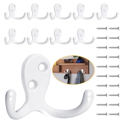 Homanu 10 Pack Coat Hooks, Heavy Duty Double Prong Coat Hooks Wall Mounted with 20 Screws, No Rust White Metal Wall Hooks for Hanging Towel, Coat, Bag, Hat, Cup, Key - color: 10 Pcs White