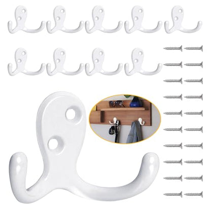 Homanu 10 Pack Coat Hooks, Heavy Duty Double Prong Coat Hooks Wall Mounted with 20 Screws, No Rust White Metal Wall Hooks for Hanging Towel, Coat, Bag, Hat, Cup, Key - color: 10 Pcs White