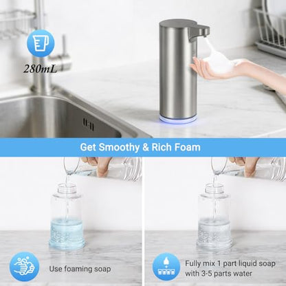 Automatic Foaming Soap Dispenser, Matte Stainless Steel Touchless Soap Dispenser with Self-Clean Mode, 1500mAh Rechargeable USB-C, IPX5 Waterproof Anti-Clogging Foam Pump for Kitchen & Bathroom - color: Silver