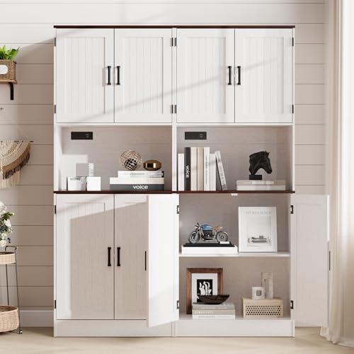 MHOM 71" Tall Pantry Cabinet with Charging Station, Farmhouse Kitchen Hutch with Adjustable Shelves, Modern Kitchen Pantry Storage Cabinet for Dinning Room & Living Room, Antique White - color: White