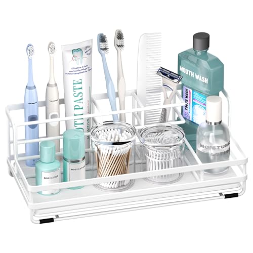 HapiRm Toothbrush Holders for Bathroom - 5 Partitions Bathroom Counter Organizer with Instant Drying Stone, Stainless Steel Countertop Storage Electric Toothbrush Toothpaste Holder - White - color: White