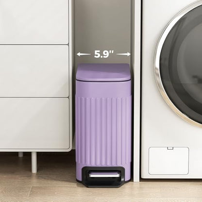 TrashAid 1.6Gal Slim Bathroom Trash Can with Lid Soft Close & Pedal, Purple | Removable Inner Bucket, Stainless Steel Garbage Can, Small Wastebasket for Toilet/Office/Bedroom, Retro Design, Odor Control - color: Purple